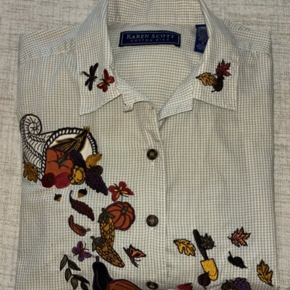Karen Scott Embroidered Fall Autumn Cornucopia Pumpkin Patch Shirt S, Fall - Picture 3 of 7